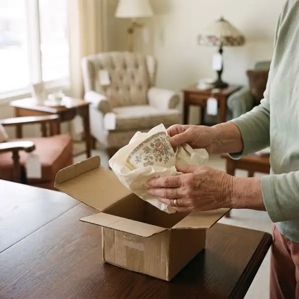 Hands wrapping a floral china teacup in tissue paper to keep before the sale