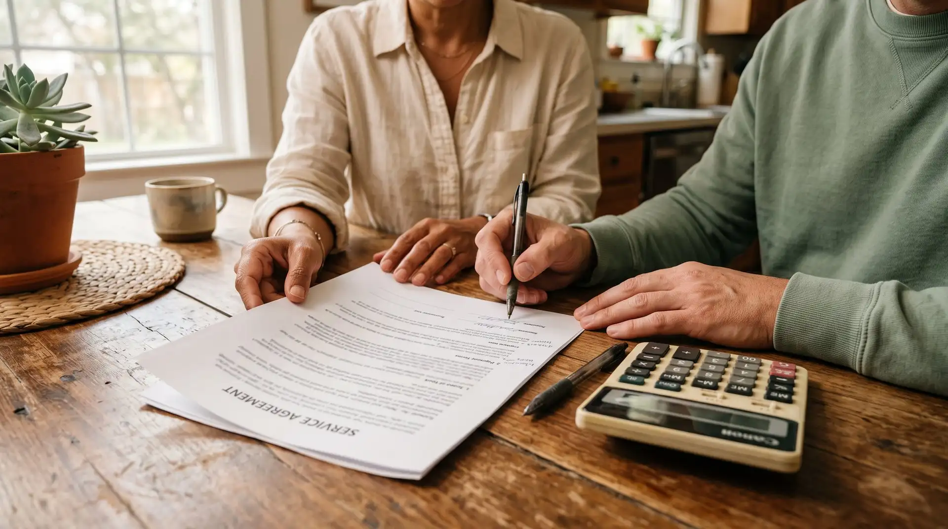 Two people at a kitchen table reviewing an estate sale service agreement, one signing, with a calculator beside them