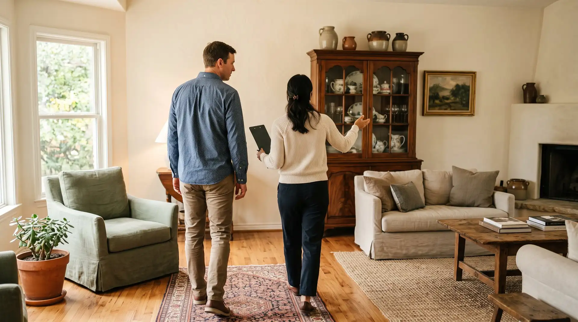 An estate sale consultant holding a tablet walks a homeowner through a living room toward a china cabinet