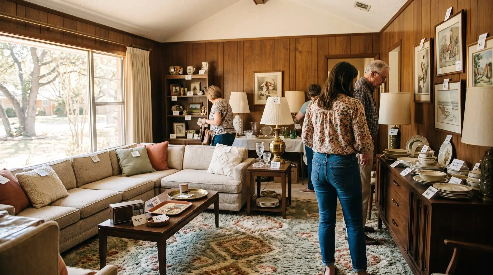 Shoppers browsing price-tagged furniture, lamps and dishes at an estate sale in a wood-paneled Texas ranch-house living room