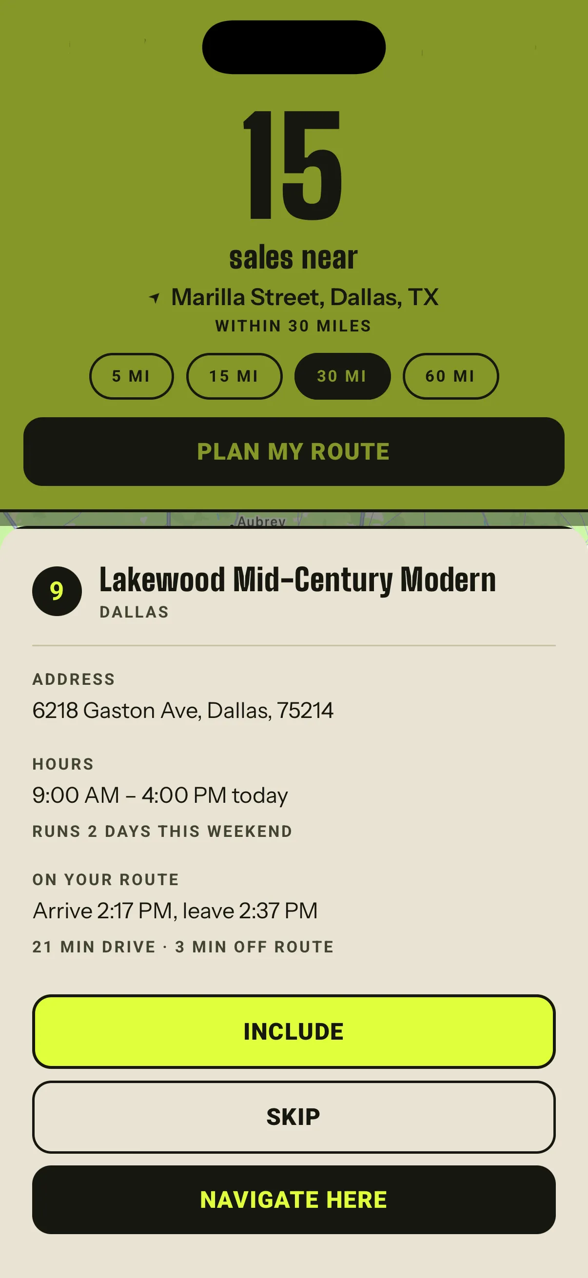 A sale's detail screen in Texas Treasure Map, showing its address, hours and arrival time on the shopper's route
