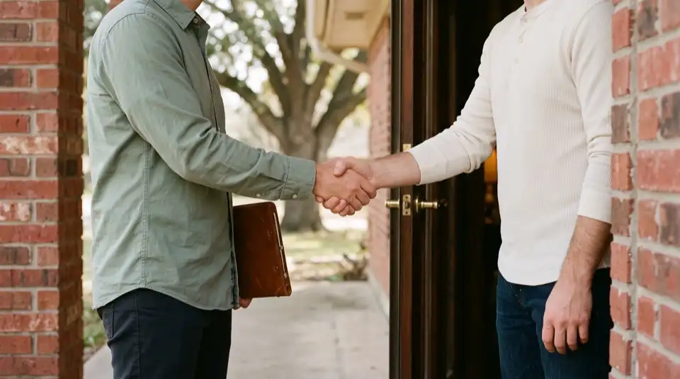 Two people shaking hands at the front door of a red-brick ranch house