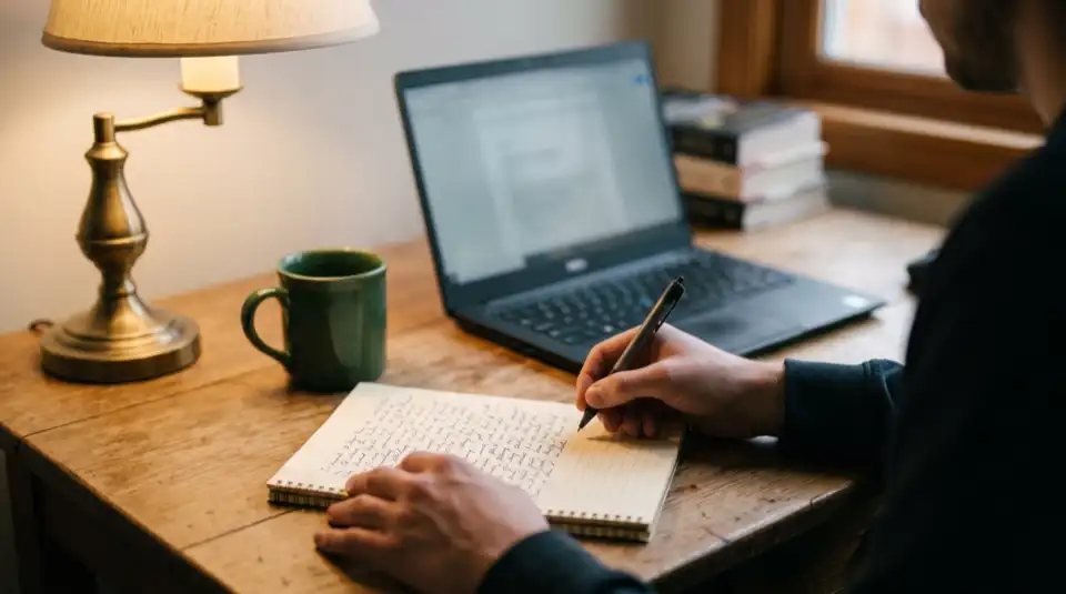 Someone writing notes in a notebook at a wooden desk, next to a laptop and a desk lamp