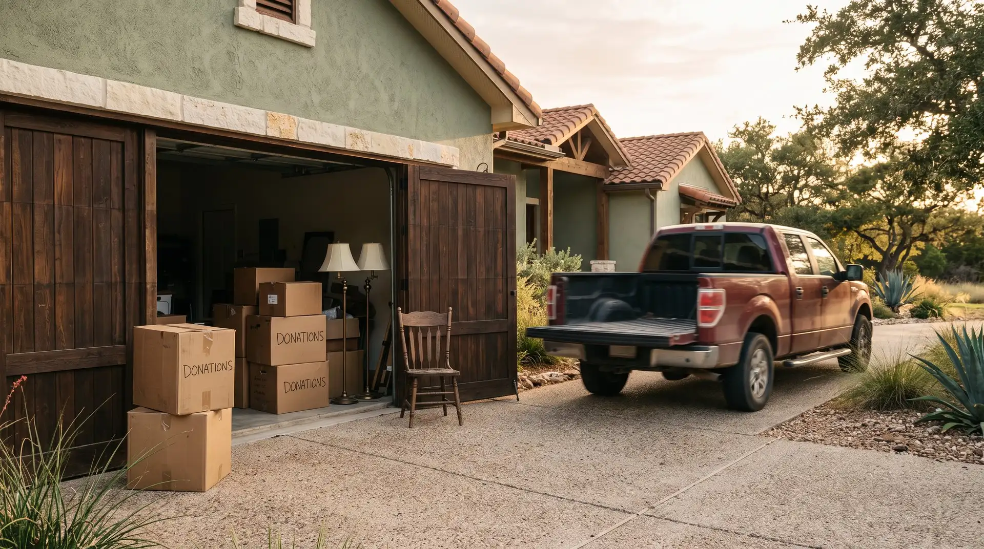 Boxes marked for donation, lamps and a chair in an open garage, with a pickup truck in the driveway to collect them